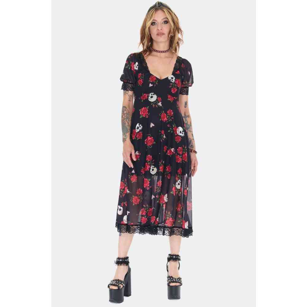 Jawbreaker - Skull And Rose Print Lace Panel Long dress - Black